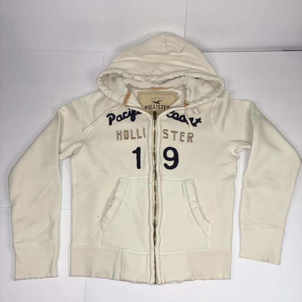 Vintage Hollister Women Pacific Coast 19 Distressed Zip Up Hoodie Cream Size S